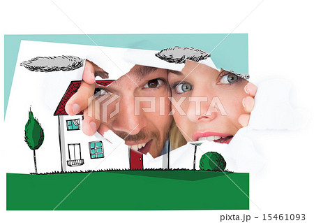 Composite image of young couple peeking through torn paper Composite image of young couple peeking through torn paper 15461093