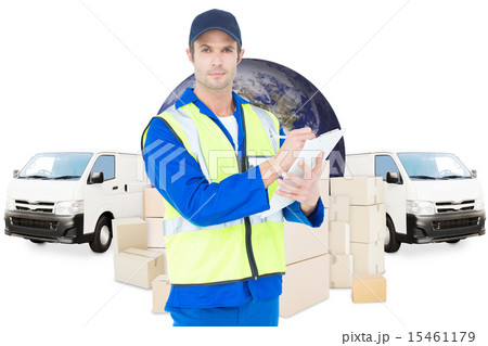 Composite image of confident supervisor writing notes on clipboa 15461179