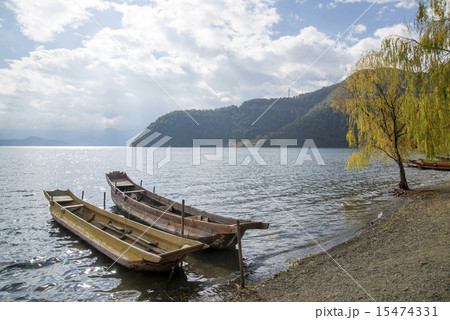 . wooden boat in "lugu Lake" . wooden boat in "lugu Lake" 15474331