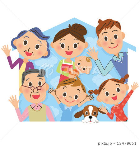 仲良し三世代家族とマイホームのイラスト素材 仲良し三世代家族とマイホームのイラスト素材
