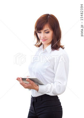 adult female in shirt using tablet 15482394