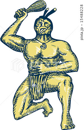 Maori Warrior Wielding Patu Kneeling Etching 15488228