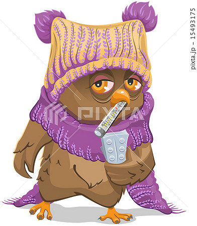Patient owl holding a thermometer and pills Patient owl holding a thermometer and pills 15493175