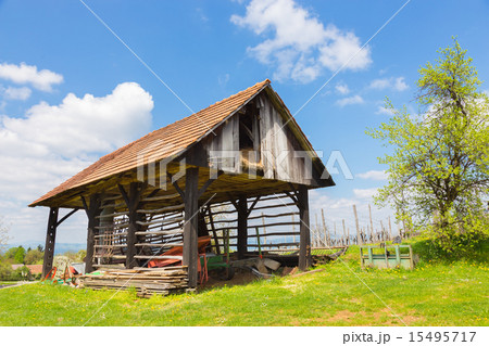 Hayrack and barn in Alpine enviroment, Slovenia Hayrack and barn in Alpine enviroment, Slovenia 15495717
