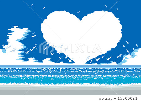 昼間の夏の海 ハートの雲のイラスト素材