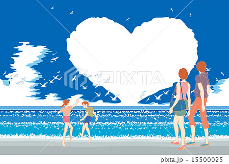 昼間の夏の海、ハートの雲、そして浜辺の家族 15500025