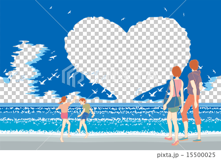 昼間の夏の海、ハートの雲、そして浜辺の家族 15500025