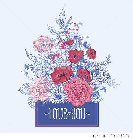 Gentle Retro Summer Floral Greeting Card, Vintage Bouquet, Vector illustration 15513577