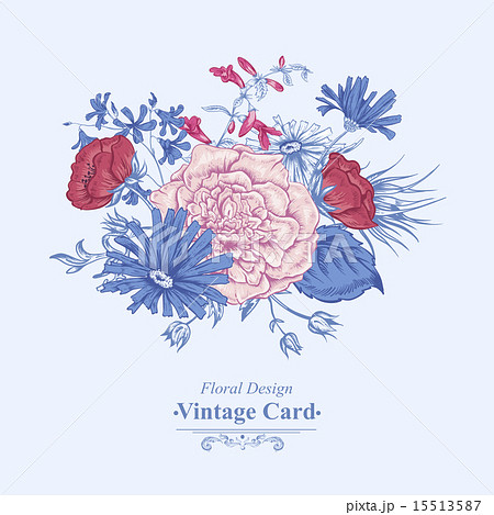Gentle Retro Summer Floral Greeting Card, Vintage Bouquet, Vector illustration 15513587