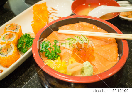 Japanese salmon sashimi and sushi roll Japanese salmon sashimi and sushi roll 15519100