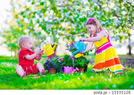 Kids in a garden with blooming cherry trees 15535126