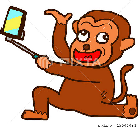 自撮り棒でポーズするお猿のイラスト素材