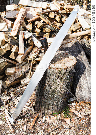 two-handled saw and ax in chopping deck 15548569