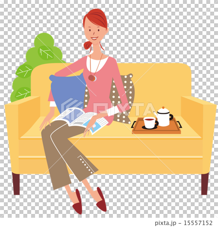 A slim woman relaxing with a yellow sofa - Stock Illustration [15557152 ...