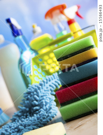 Variety of cleaning products, home work colorful Variety of cleaning products, home work colorful 15566493
