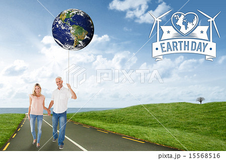 Composite image of happy couple walking holding hands 15568516