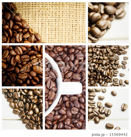 Composite image of small white cup full of coffee beans 15569442