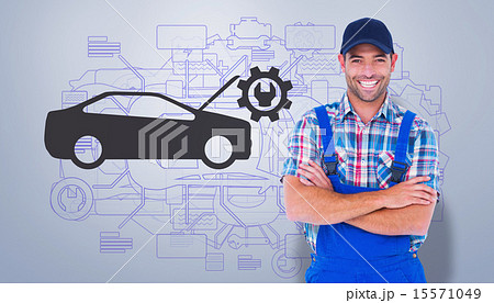 Composite image of male handyman standing arms crossed over whit Composite image of male handyman standing arms crossed over whit 15571049