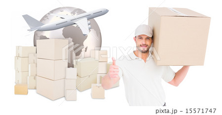 Composite image of delivery man with cardboard box gesturing thu Composite image of delivery man with cardboard box gesturing thu 15571747
