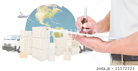 Composite image of delivery man writing on clipboard 15572523