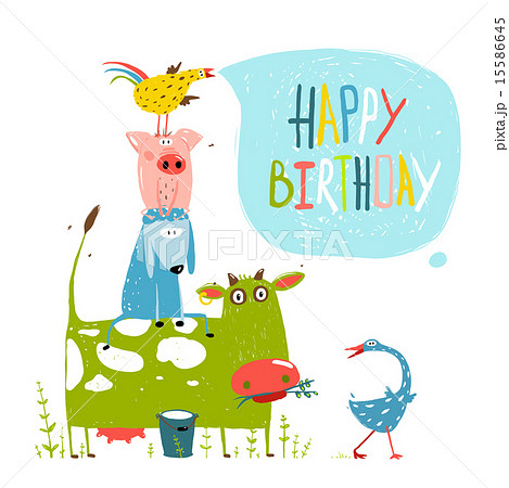 Birthday Fun Cartoon Farm Animals Pyramid のイラスト素材