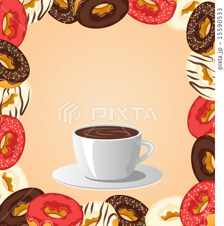 Donuts with cup of coffee on beige Donuts with cup of coffee on beige 15590533