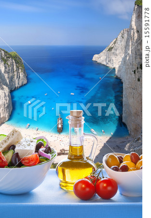 Navagio beach with Greek salad in Zakynthos,Greece 15591778