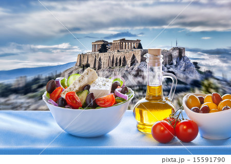 Acropolis with Greek salad in Athens, Greece Acropolis with Greek salad in Athens, Greece 15591790
