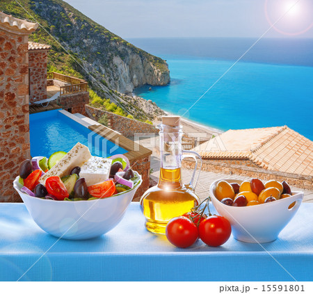 Lefkada island with Greek salad in Greece Lefkada island with Greek salad in Greece 15591801