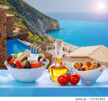 Lefkada island with Greek salad in Greece 15591802