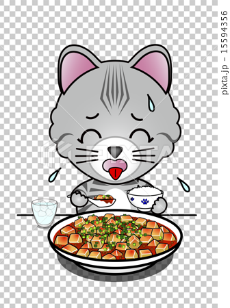 麻婆豆腐を食べる猫のイラスト素材