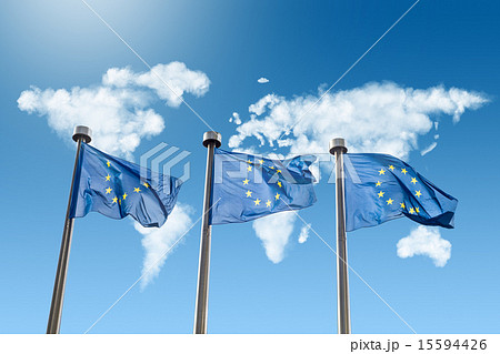 EU flags against world map made of clouds EU flags against world map made of clouds 15594426