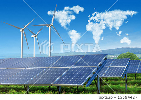 solar panels and wind turbines with world map solar panels and wind turbines with world map 15594427