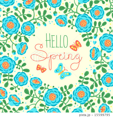 Season card Hello Spring with cute flowers and butterflies. 15599795
