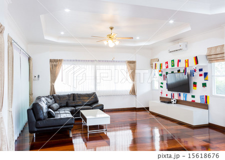 Modern room with TV and Flags for soccer  15618676