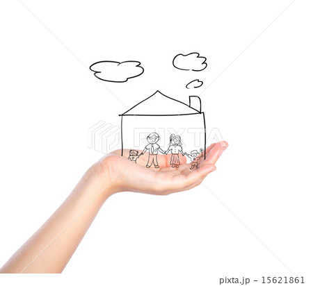 Family on hand with house isolated on white 15621861