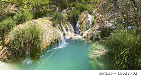 Natural waterfall and lake in Polilimnio area. Greece 15622702