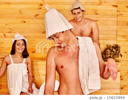 Group people in Santa hat  at sauna. 15623994