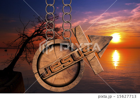 Jesus Wooden Symbol with Cross at the Sunset 15627713