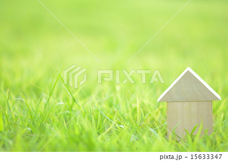 積み木の家 芝生背景の写真素材