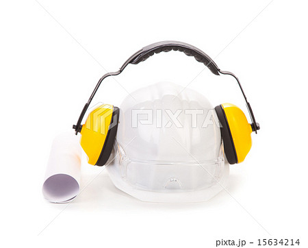 Hard hat and ear muffs. Hard hat and ear muffs. 15634214