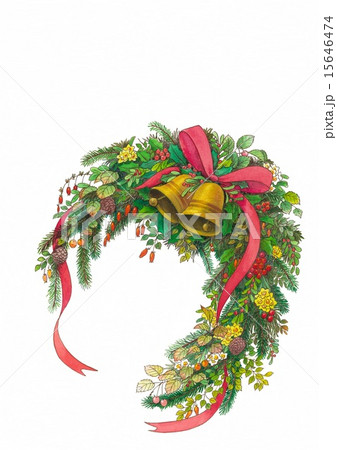 ジングルベルと赤リボン付きの円形クリスマスリースのイラスト素材