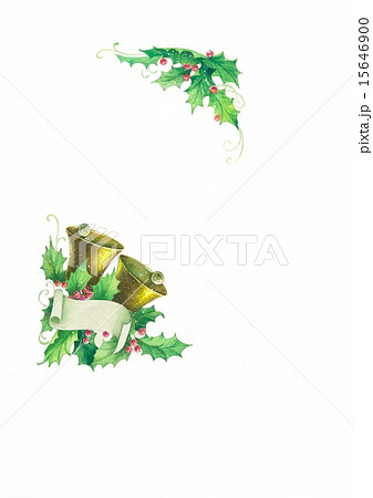 クリススマスのヒイラギの葉とジングルベルの白地のはがきサイズのイラスト素材