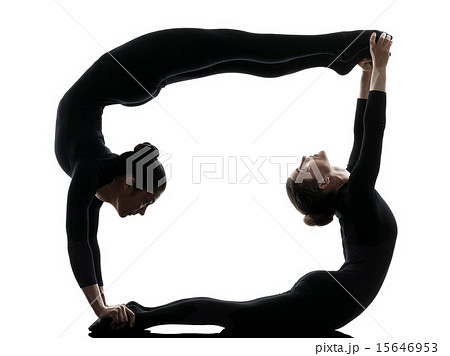 two women contortionist exercising gymnastic yoga silhouette two women contortionist exercising gymnastic yoga silhouette 15646953