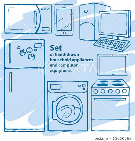 Set of hand-drawn household appliances and computer equipment 15650569