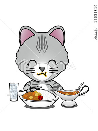 カレーライスを食べる猫のイラスト素材