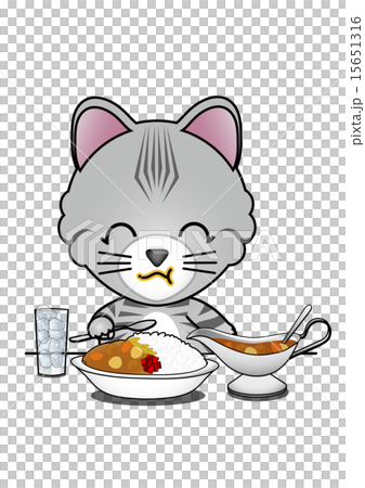 カレーライスを食べる猫のイラスト素材