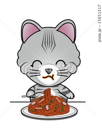 スパゲッティを食べる猫のイラスト素材