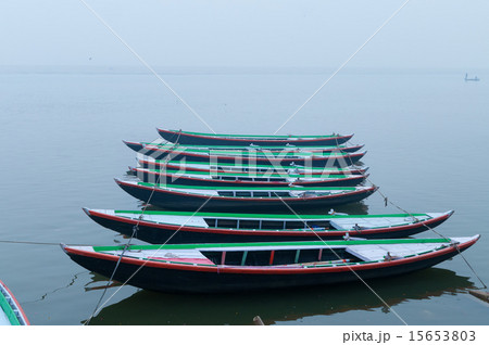 Boats in row on Ganges foggy morning Varanasi Boats in row on Ganges foggy morning Varanasi 15653803