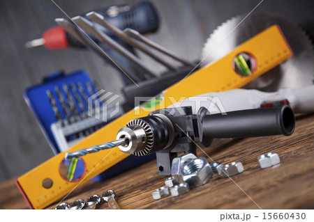 Working tools on wooden background 15660430